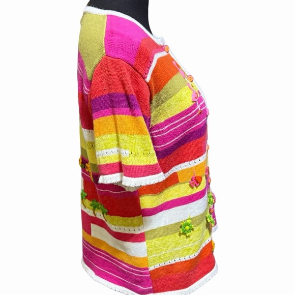 Susan Bristol Flamingo Tropical Embellished Large Short Sleeve Cardigan Top - Picture 3 of 9